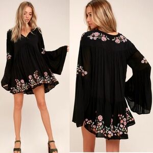 Free People Te Amo Embroidered Babydoll Mini Dress M Black Flowy Festival Boho